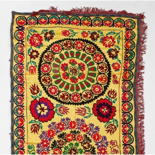 Silk Embroidery Wall Hanging. Uzbek Throw. Vintage Tablecloth. Yellow Tapestry. Suzani Wall Decor. Needlework Bed Cover Silk Embroidery Wall Hanging. Uzbek Throw. Vintage Tablecloth. Yellow Tapestry. Suzani Wall Decor. Needlework Bed Cover