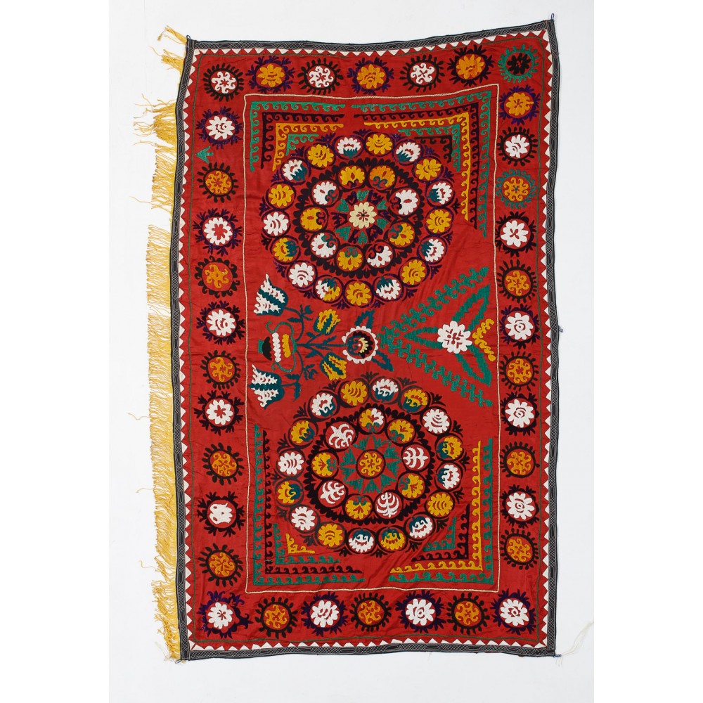 Asian Suzani Wall Hanging, Silk Embroidery Table Cover, Red Bedspread, Vintage Throw