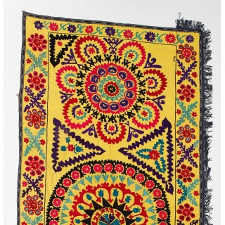 Silk Embroidery Wall Hanging. Suzani Throw. Uzbek Bedspread. Vintage Tablecloth. Needlework Tapestry in Yellow Silk Embroidery Wall Hanging. Suzani Throw. Uzbek Bedspread. Vintage Tablecloth. Needlework Tapestry in Yellow