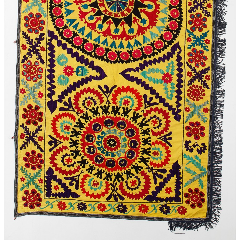 Silk Embroidery Wall Hanging, Suzani Throw, Uzbek Bedspread, Vintage Tablecloth, Needlework Tapestry in Yellow