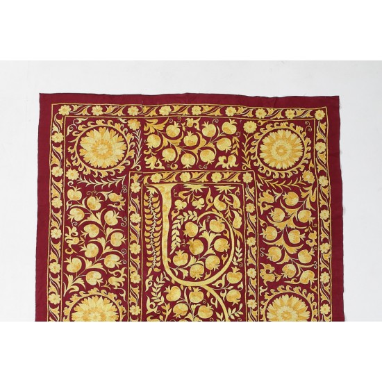 Beautiful Uzbek Wall Hanging in Burgundy Red & Yellow, Silk Embroidered Bed Cover, Boho Wall Decor