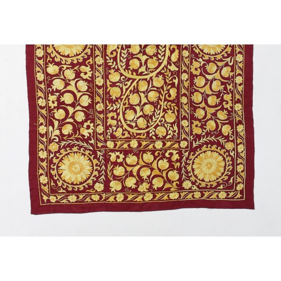 Beautiful Uzbek Wall Hanging in Burgundy Red & Yellow, Silk Embroidered Bed Cover, Boho Wall Decor