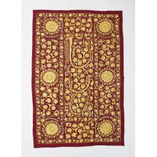Vintage Wall Hanging in Burgundy Red & Yellow. Silk Embroidered Bed Cover. Boho Wall Decor