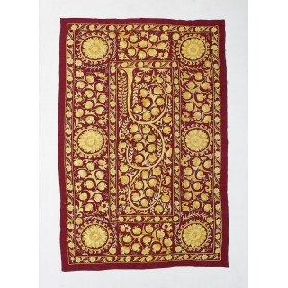 Vintage Wall Hanging in Burgundy Red & Yellow. Silk Embroidered Bed Cover. Boho Wall Decor