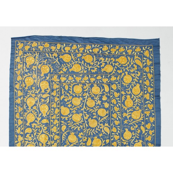 Embroidered Silk Bed Cover, Suzani Fabric Wall Hanging in Blue & Yellow