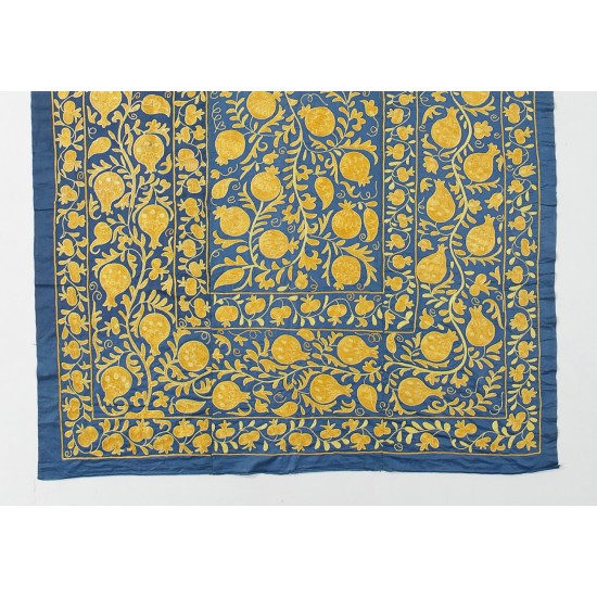 Embroidered Silk Bed Cover, Suzani Fabric Wall Hanging in Blue & Yellow