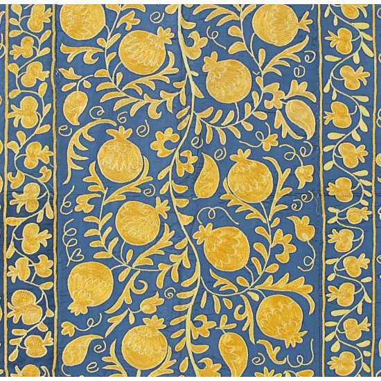 Embroidered Silk Bed Cover, Suzani Fabric Wall Hanging in Blue & Yellow