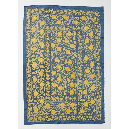 Embroidered Silk Bed Cover, Suzani Fabric Wall Hanging in Blue & Yellow