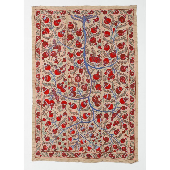 Central Asian Suzani Textile, Embroidered Cotton and Silk Bed Cover Central Asian Suzani Textile, Embroidered Cotton and Silk Bed Cover