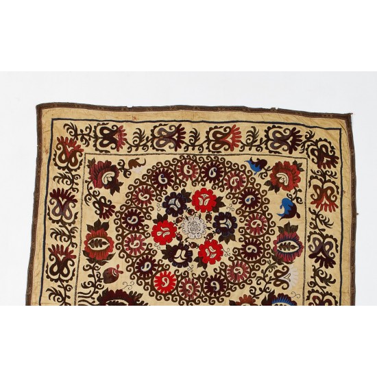 Central Asian Suzani Textile. Embroidered Cotton & Silk Bed Cover, Wall Hanging Central Asian Suzani Textile. Embroidered Cotton & Silk Bed Cover, Wall Hanging
