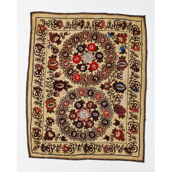Central Asian Suzani Textile. Embroidered Cotton & Silk Bed Cover, Wall Hanging Central Asian Suzani Textile. Embroidered Cotton & Silk Bed Cover, Wall Hanging