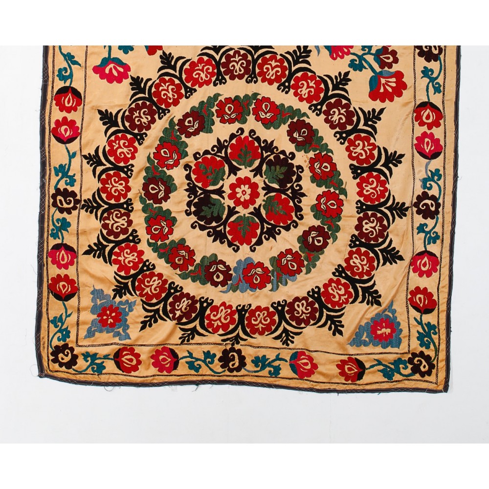 Vintage Silk Embroidered Wall Hanging in Yellow, Uzbek Tablecloth, Suzani Fabric Bedspread