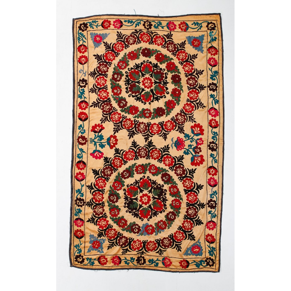 Vintage Silk Embroidered Wall Hanging in Yellow, Uzbek Tablecloth, Suzani Fabric Bedspread