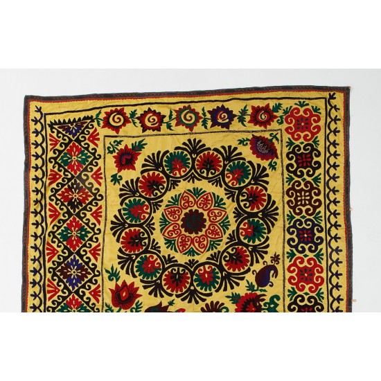 Silk Embroidery Wall Hanging, Uzbek Throw, Vintage Tablecloth, Yellow Tapestry, Suzani Wall Decor, Needlework Bed Cover