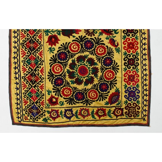 Silk Embroidery Wall Hanging, Uzbek Throw, Vintage Tablecloth, Yellow Tapestry, Suzani Wall Decor, Needlework Bed Cover