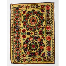 Silk Embroidery Wall Hanging. Uzbek Throw. Vintage Tablecloth. Yellow Tapestry. Suzani Wall Decor. Needlework Bed Cover