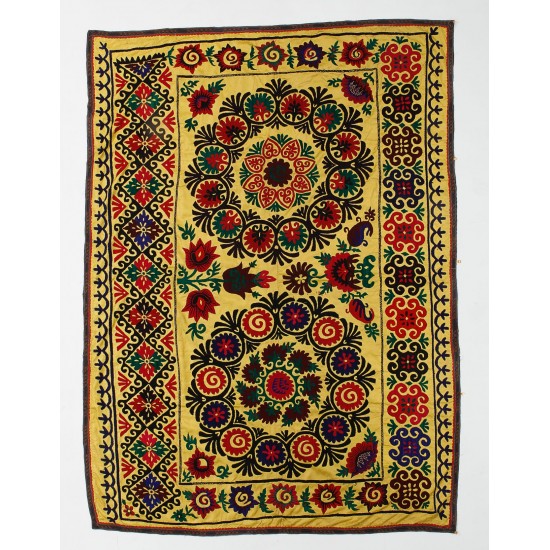 Silk Embroidery Wall Hanging, Uzbek Throw, Vintage Tablecloth, Yellow Tapestry, Suzani Wall Decor, Needlework Bed Cover