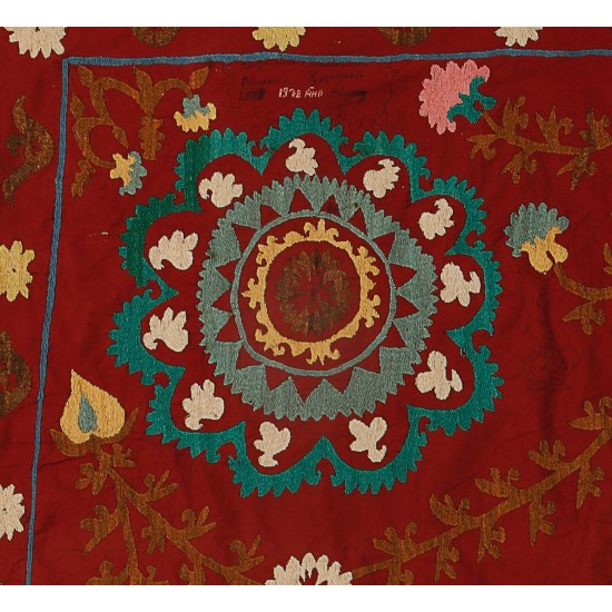 Central Asian Suzani Textile. Embroidered Cotton & Silk Bed Cover, Wall Hanging