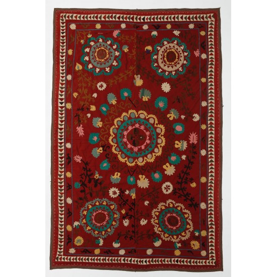 Central Asian Suzani Textile. Embroidered Cotton & Silk Bed Cover, Wall Hanging