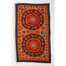 Vintage Needlework Bed Cover. Wall Decor Fabric. Silk Embroidered Orange Throw. Handmade Tapestry