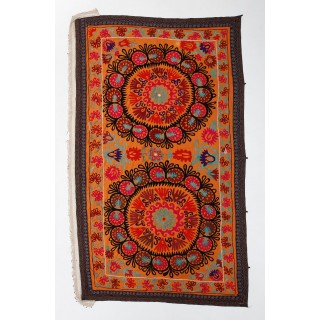 Vintage Needlework Bed Cover. Wall Decor Fabric. Silk Embroidered Orange Throw. Handmade Tapestry