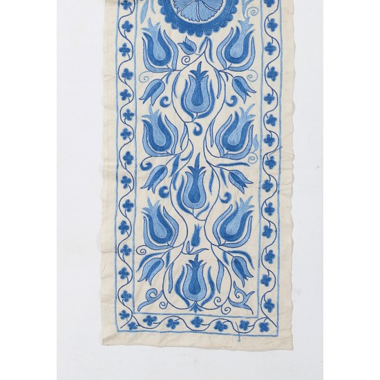 Central Asian Suzani Textile Wall Hanging, Embroidered Cotton and Silk Bed Cover Central Asian Suzani Textile Wall Hanging, Embroidered Cotton and Silk Bed Cover