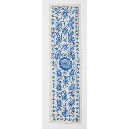 Central Asian Suzani Textile Wall Hanging, Embroidered Cotton and Silk Bed Cover Central Asian Suzani Textile Wall Hanging, Embroidered Cotton and Silk Bed Cover