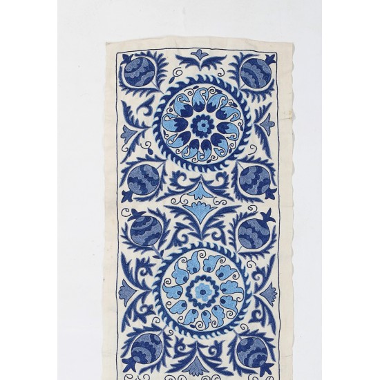 Beige and Blue Suzani Fabric Table Runner. Uzbek Embroidered Silk & Cotton Wall Hanging or Bedspread