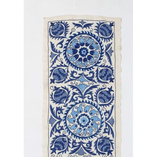 Uzbek Silk Hand Embroidery Wall Hanging. Suzani Fabric Table Runner in Cream & Blue