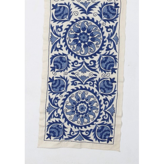 Uzbek Silk Hand Embroidery Wall Hanging. Suzani Fabric Table Runner in Cream & Blue