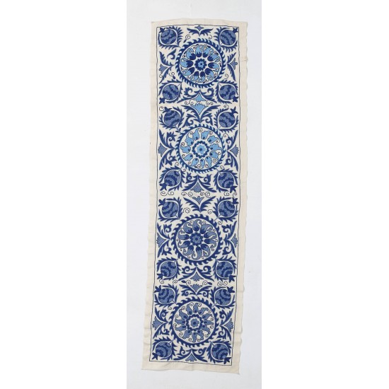 Beige and Blue Suzani Fabric Table Runner. Uzbek Embroidered Silk & Cotton Wall Hanging or Bedspread