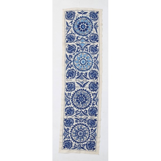 Uzbek Silk Hand Embroidery Wall Hanging. Suzani Fabric Table Runner in Cream & Blue