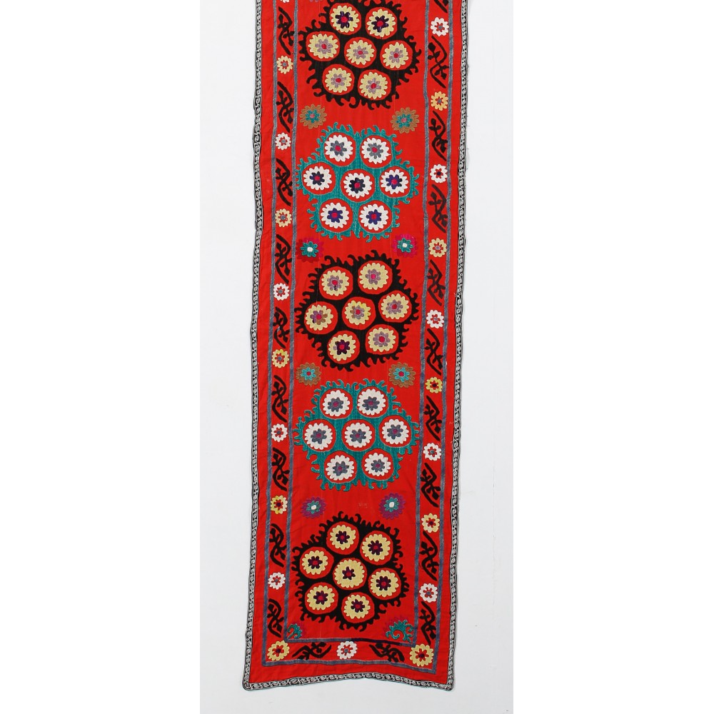 Red Silk Suzani Table Runner, Vintage Embroidery Wall Hanging, Floral Uzbek Bedspread Runner, Unique Wall Decor