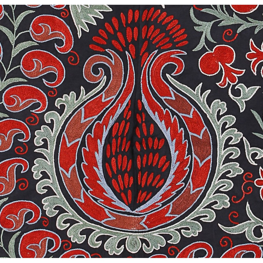 Tashkent Embroidered Wall Hanging, Vintage Tablecloth in Black, Green & Red. Square Throw, Boho Wall Decor