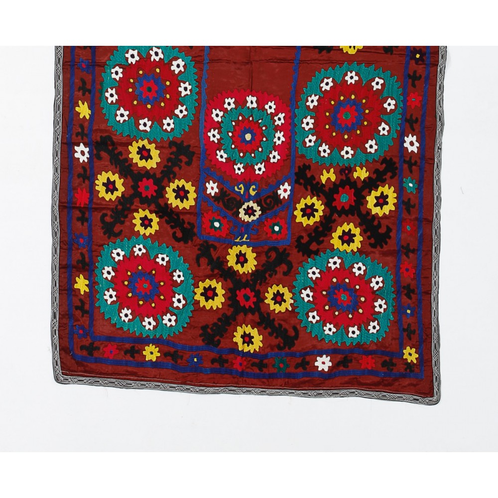 Silk Hand Embroidered Vintage Uzbek Suzani Wall Hanging in Maroon Red, Needlework Tablecloth, Decorative Throw