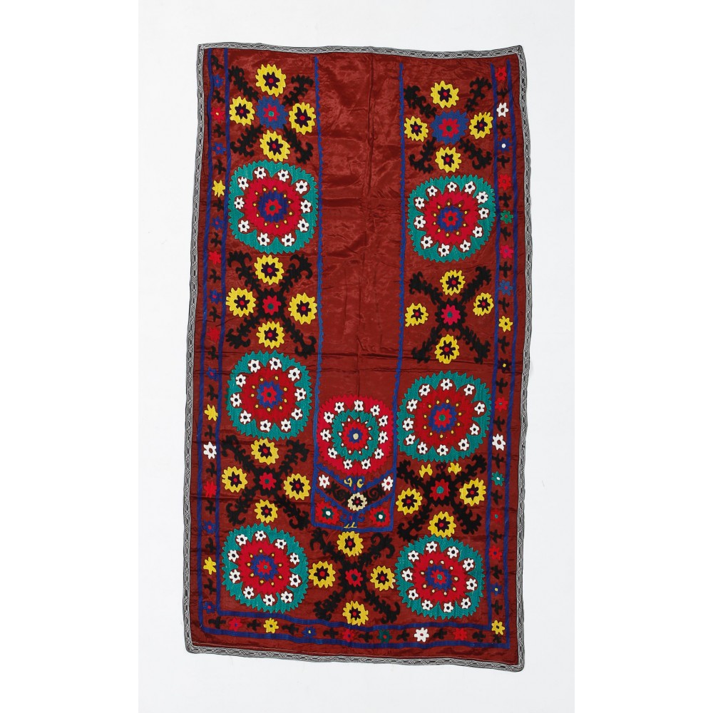 Silk Hand Embroidered Vintage Uzbek Suzani Wall Hanging in Maroon Red, Needlework Tablecloth, Decorative Throw