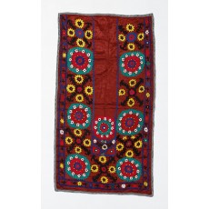 Silk Hand Embroidered Vintage Wall Hanging in Maroon Red. Needlework Tablecloth. Suzani Throw