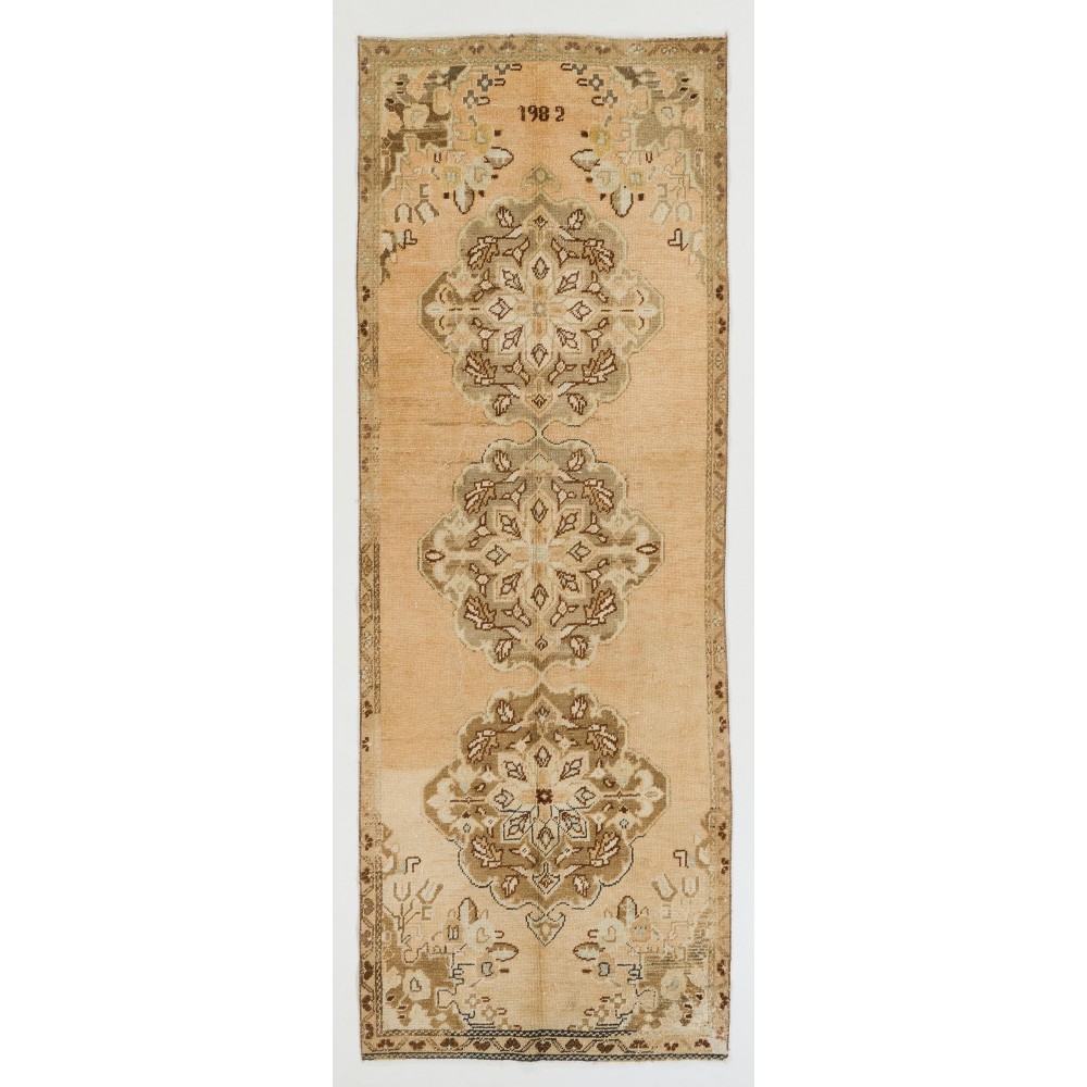 Vintage Handmade Turkish Oushak Runner Rug. Dated 1982. 100% Natural Wool