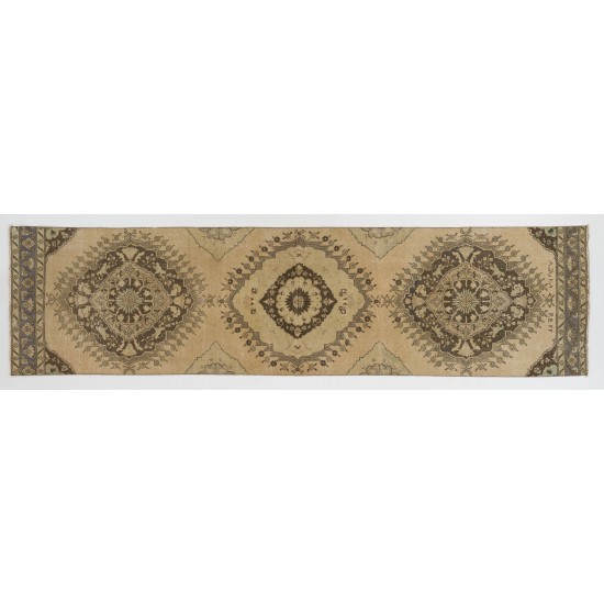 Traditional Vintage Anatolian Oushak Runner Rug. Hand-Knotted Carpet for Hallway