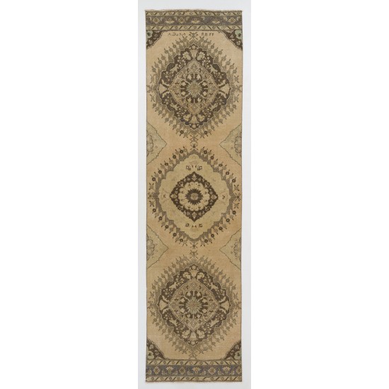 Traditional Vintage Anatolian Oushak Runner Rug. Hand-Knotted Carpet for Hallway