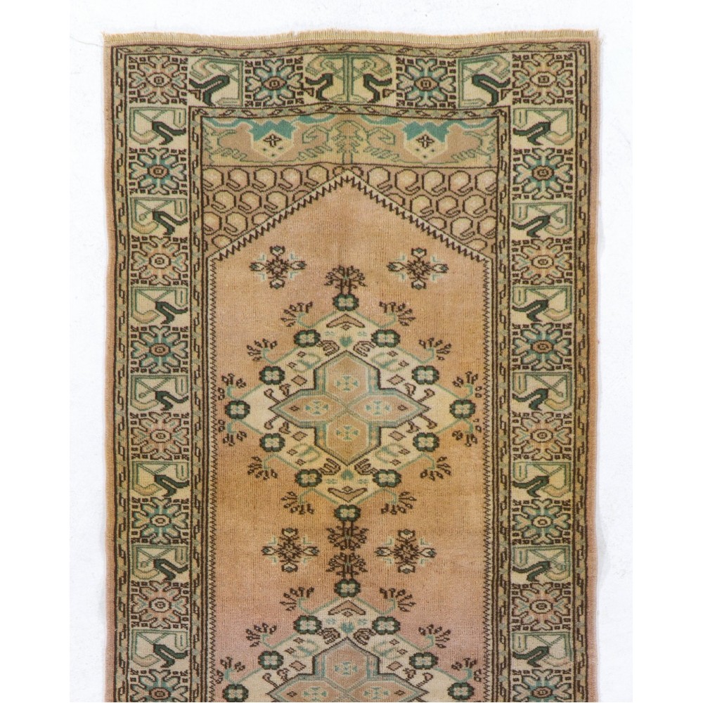 Vintage Anatolian Oushak Runner Rug. Hand-knotted Wool Carpet