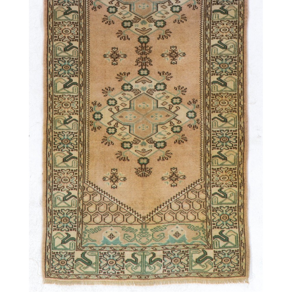 Vintage Anatolian Oushak Runner Rug. Hand-knotted Wool Carpet