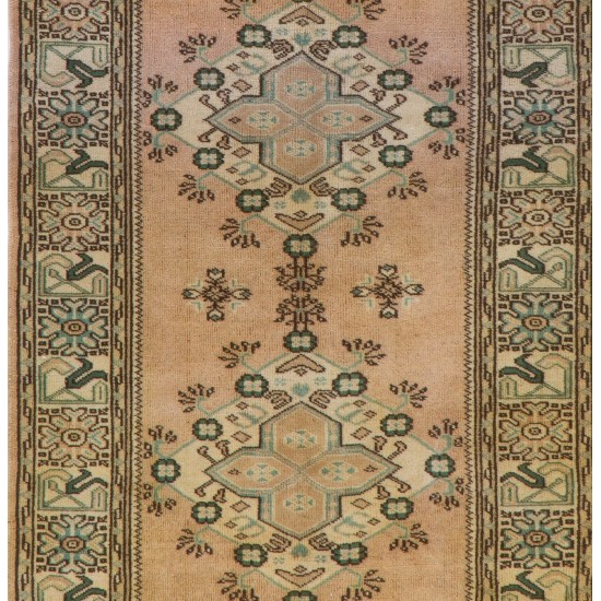 Vintage Anatolian Oushak Runner Rug. Hand-knotted Wool Carpet