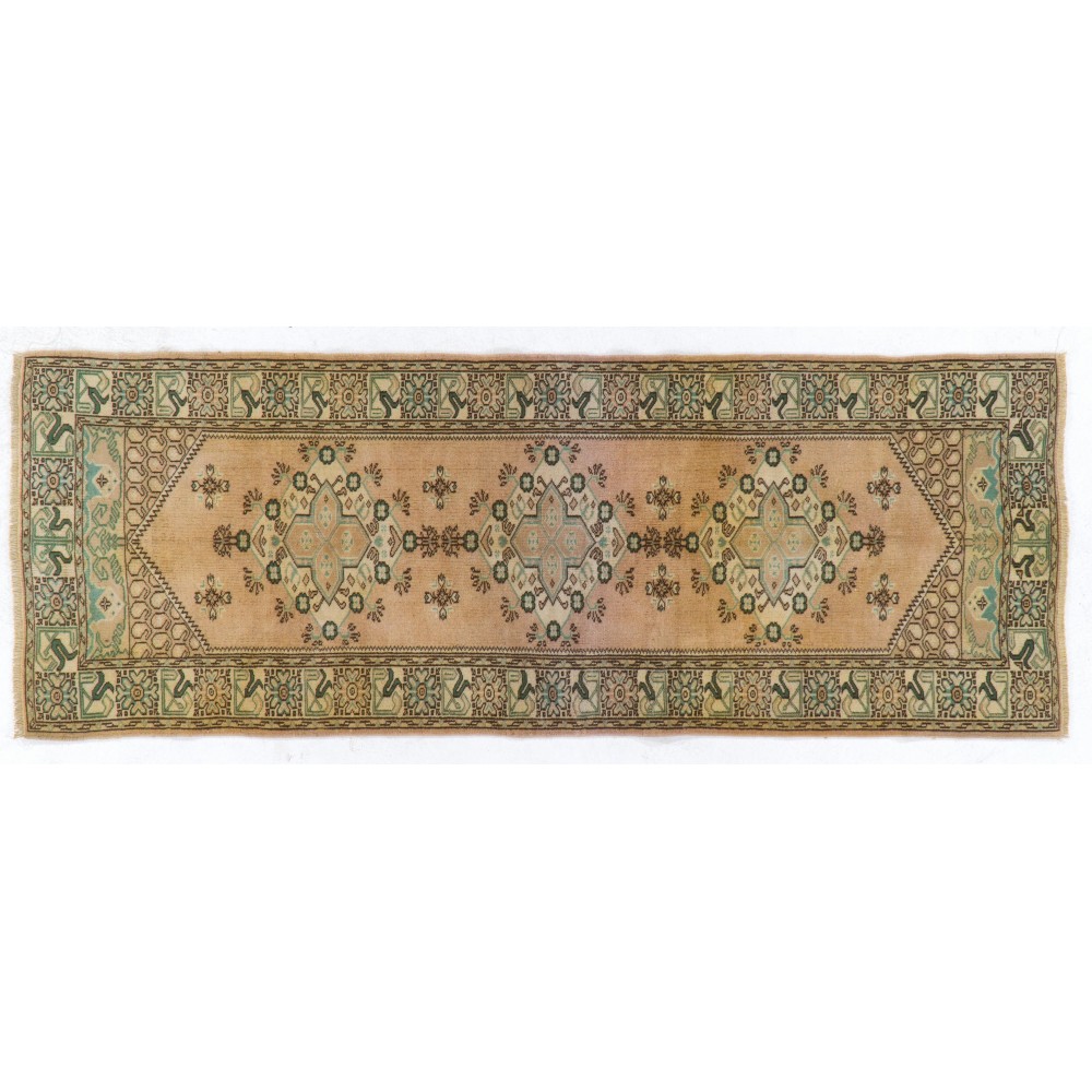 Vintage Anatolian Oushak Runner Rug. Hand-knotted Wool Carpet