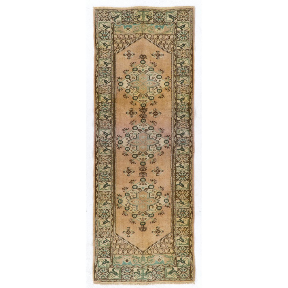 Vintage Anatolian Oushak Runner Rug. Hand-knotted Wool Carpet