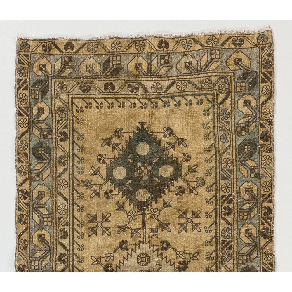 Handmade Vintage Triple Medallion Anatolian Woolen Small Rug in Beige