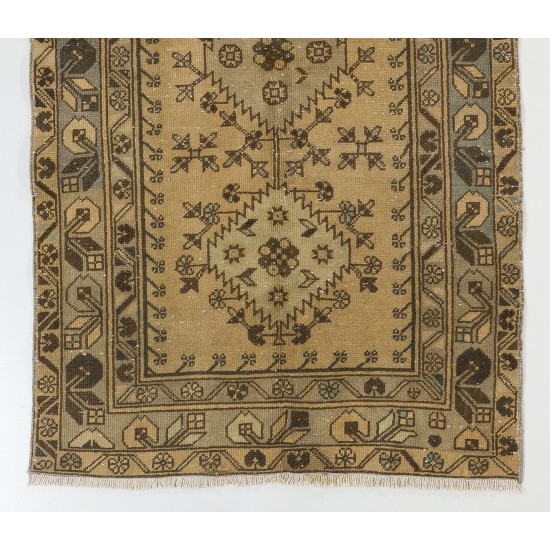 Handmade Vintage Triple Medallion Anatolian Woolen Small Rug in Beige