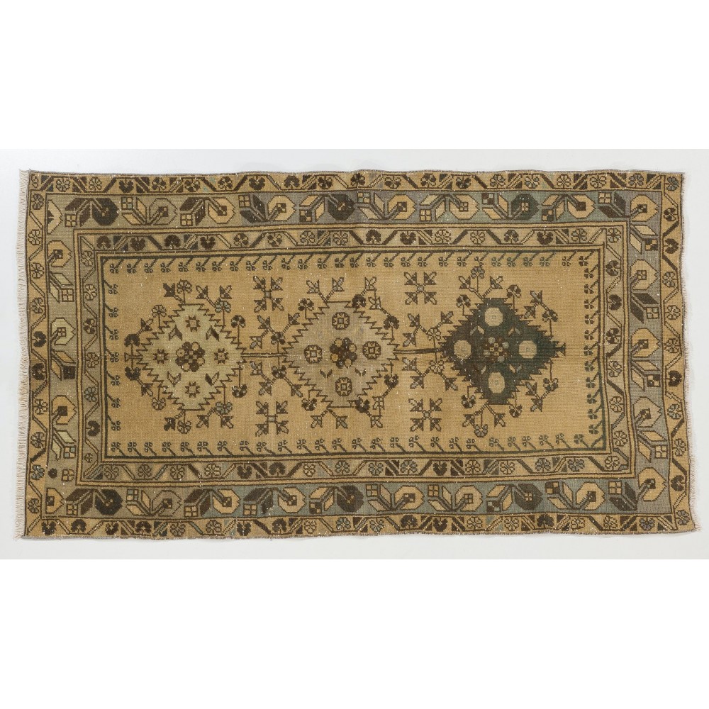 Handmade Vintage Triple Medallion Anatolian Woolen Small Rug in Beige