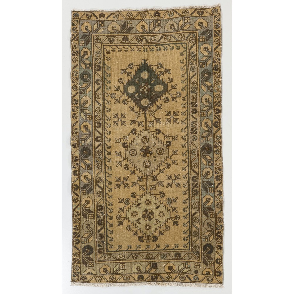 Handmade Vintage Triple Medallion Anatolian Woolen Small Rug in Beige