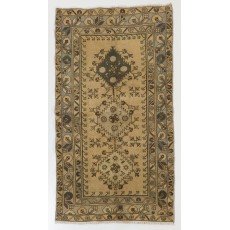 Handmade Vintage Triple Medallion Anatolian Woolen Small Rug in Beige